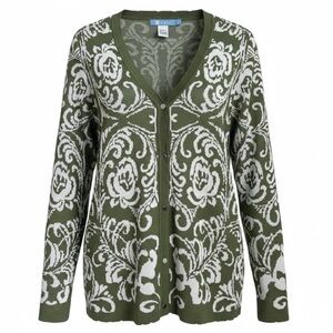 Koret Olive Green White Floral Cardigan Sweater Women M V-Neck Cottagecore